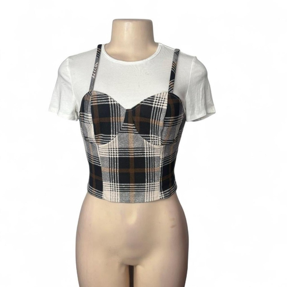 brown and white plaid structured bustier crop top